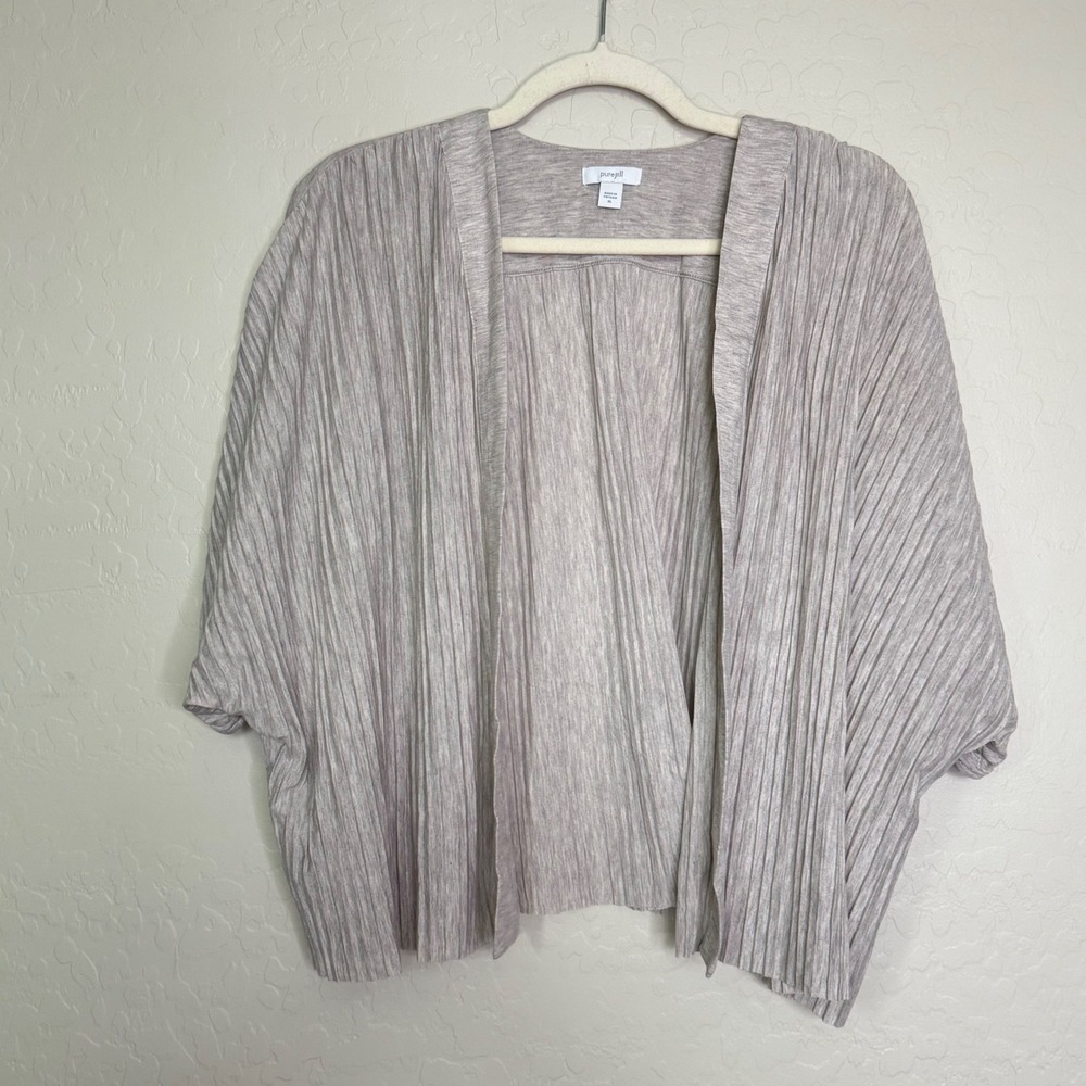 Pure Jill Women Cardigan XL Gray Plissé Open Front Minimalist Neutral Layering
